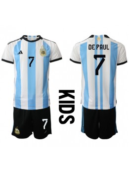 Otroški Nogometna dresi replika Argentina Rodrigo de Paul #7 Domači SP 2022 Kratek rokav (+ hlače)